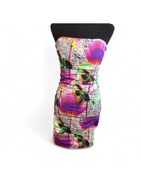 Vintage Nicole Miller Bandeau Ruched Neon Print Dress Size 6